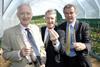 (l-r) Dr Ian Graham-Bryce, chairman of East Malling Trust, Hilary Benn, secretary of state for DEFRA and Oliver Doubleday chairman of EMR at the research station