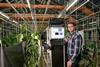Marvin Krüger, Mitarbeiter am Julius Kühn-Institut, demonstriert den mobilen Messstand zur Analyse des Gesundheitszustands von Paprikapflanzen. Foto: Mariska Schäffer/HortiCo 4.0