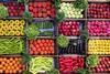 Generic mixed vegetables and fruit in boxes birds eye view