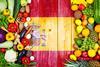 Fruits and vegetables on Spanish flag wood