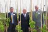 Inspecting the Conference pear concept orchard (l-r): Oliver Doubleday, EMR; Jonathan Shaw, MP and minister for South East; and Will Sibley, East Malling Trust