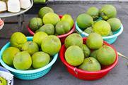 Vietnamese pomelo in baskets at a local market