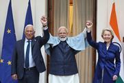 (l-r) President of the European Council António Luís Santos da Costa, Indian Prime Minister Narendra Modi and President of the European Commission Ursula von der Leyen celebrate the free trade agreement