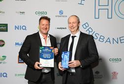 (l-r) Syngenta Grower of the Year Jeremy Haw of Hussey & Co in Victoria, with David Van-Ryswyk from Syngenta, accepting the award at the Hort Connections 2025 Horticulture Awards for Excellence