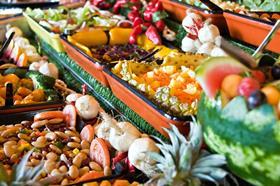 fresh vegetable and fruit salads restaurant display, food series_3491599