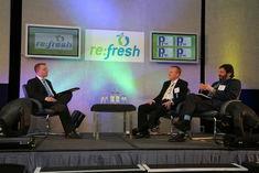 Nick Saphir, far left, and Gary Marshall, centre, are interviewed on stage at Re:fresh 2006, by freshinfo editor Tommy Leighton