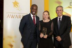 FDF Awards guest speaker and The Apprentice winner Tim Campbell with William Jackson Food Group chairman Nicholas Oughtred and communications manager Claire Simpson