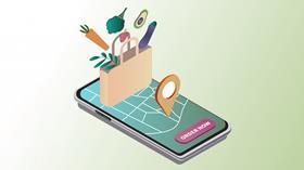 GEN Food Delivery app isometric website template.Order groceries oline using smartphone app.Isometric Illustration centred