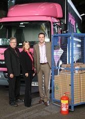 The Pink Link's sales and commercial director, Vicki Davenport with depot manager, Roland Jackson and Nu-Swift’s Group senior manager, Paul Daykin