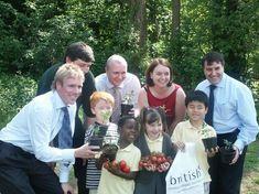 l-r Somerfield's category manager Dominic Edwards, Keith Hammonds, Stubbins commercial manager Chris Rawlins, Somerfield's assistant buyer Zoe Brister and Stubbins managing director Mario Difrancesco with children from Willow Brook Primary School.