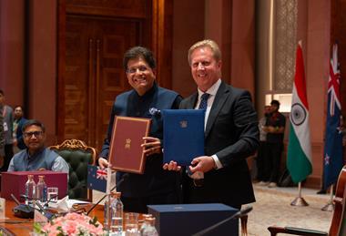 Indian minister for commerce and industry Piyush Goyal and New Zealand's minister for trade and investment Todd McClay after signing the Free Trade Agreement in New Delhi on 27 April