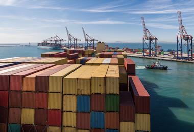 Container ship leaving the Port of Cape Town