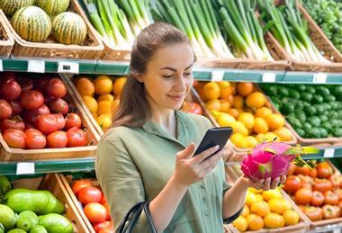 Frau beim Einkaufen, die über ihr Handy weitere Infos zur Drachenfrucht herausfindet.