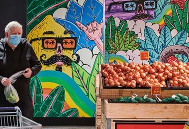 One of the artworks created for store murals and staff uniforms by Mulga (Joel Moore)