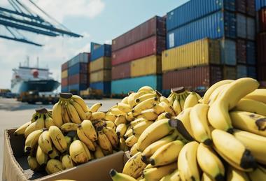 Banana boxes in front of shipping containers Adobe Stock