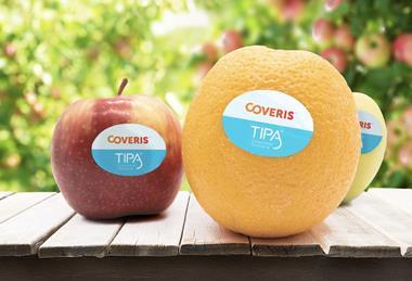 Coveris Tipa compostable labels citrus apples UK