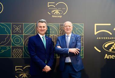 Joan Mir, right, with Anecoop's president Alejandro Monzón, at the cooperative's 50th anniversary celebrations