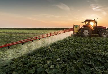 Tractor spraying vegetables