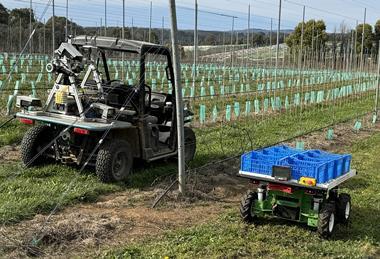 AU Green Atlas Cartographer left Burro autonomous vehicle right PIPS 4 Profit Tingira Orchard Batlow NSW