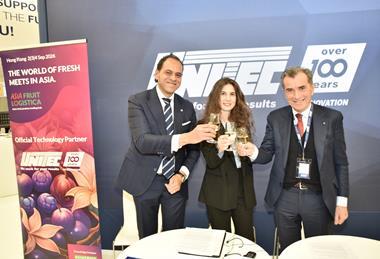 Unitec AFL 2026 partnership Nour Abdrabbo, Global Sales Director of UNITEC; Shasa Lo Russo, Head of ASIA FRUIT LOGISTICA International Markets; Angelo Benedetti, President of UNITEC
