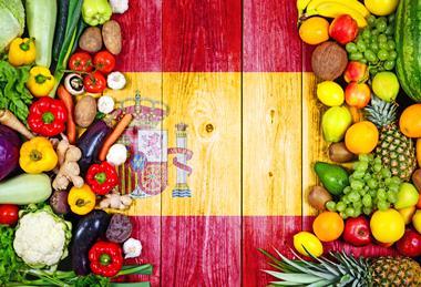 Fruits and vegetables on Spanish flag wood