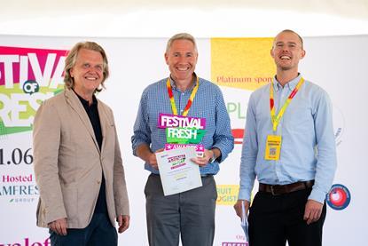 AMFRESH UK's managing director Mark Player (centre) collected the award for Retail Supplier of the Year from FPJ editor Fred Searle (right) and Chris White (left), MD of Fruitnet Media International