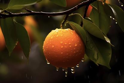 Orange on tree in rainstorm Adobe Stock
