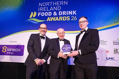Wilson’s Country MD Lewis Cunningham (centre) with Ortus Energy’s James Lee (left) and John Linton at the 2026 Northern Ireland Food & Drink Association Awards