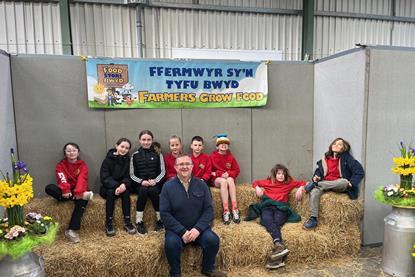 Adam Thorne with pupils from Bro Engli primary school