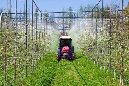 Tractor spraying in Korean apple orchard