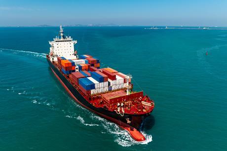 Ein Containerschiff läuft in einen Hafen ein