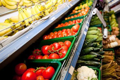 Fresh produce retail shelf close-up
