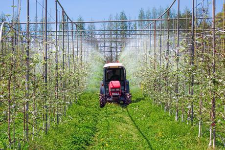 Tractor spraying in Korean apple orchard