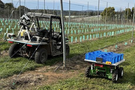 AU Green Atlas Cartographer left Burro autonomous vehicle right PIPS 4 Profit Tingira Orchard Batlow NSW