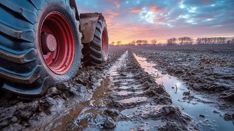Traktor auf nassem Feld