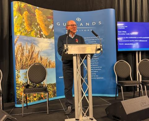 Groceries code adjudicator Mark White, speaking at the 2023 National Fruit Show