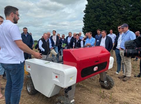 Muddy Machines' CTO Chris Chavasse presenting one of the company's robots, Sprout