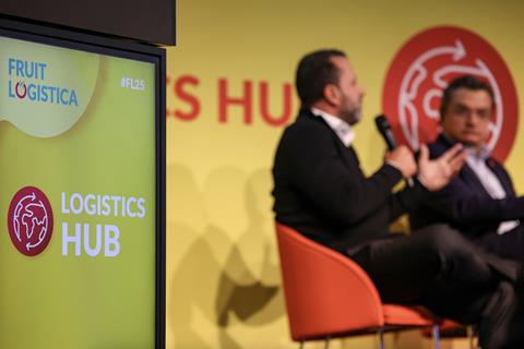 Fruit Logistica 2025 Logistics Hub sign closeup and speakers