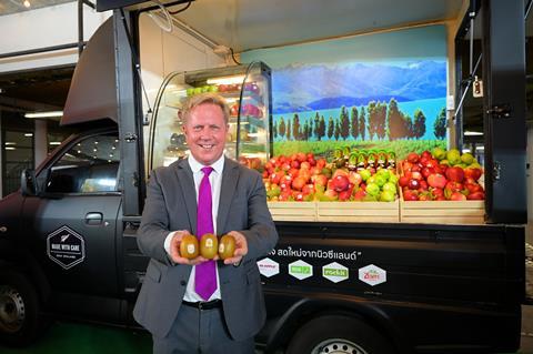 Todd McClay, New Zealand’s minister for trade and investment, with the Made With Care New Zealand fruit truck