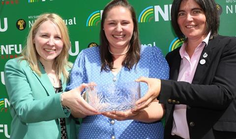 Last year's winner, Katie Rose Davies with the two judges Lona Davies, NFU Mutual and Abi Reader, NFU Cymru Deputy President