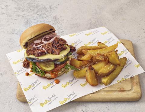 Fresh Direct's pulled mushroom meat dirty vegan burger