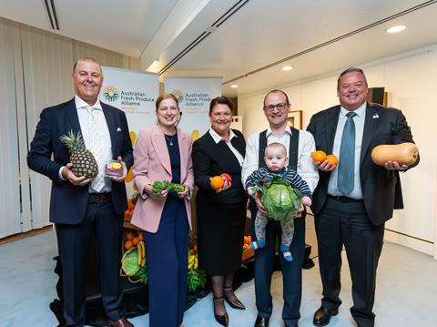 (l-r) Gavin Scurr, chair of AFPA and managing director of Piñata Farms, Julie Colins MP, minister for agriculture, fisheries and forestry, Meryl Swanson, chair of Standing Committee on Agriculture, Raff Ciccone, co-chair of the Parliamentary Friends of Fr