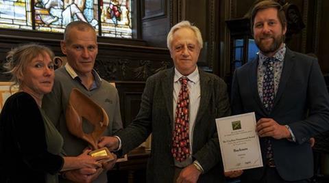 L-r: Tracy Russell and David Newman of Bucksum receive the Caroline Drummond Award from Drummond’s husband Philip Ward and social media influencer Farmer Tom (Martin)