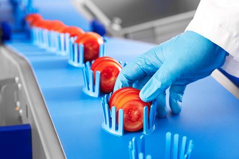 Geschnittene Tomaten in Halterungen eines Blauen Tray-Bandes.
