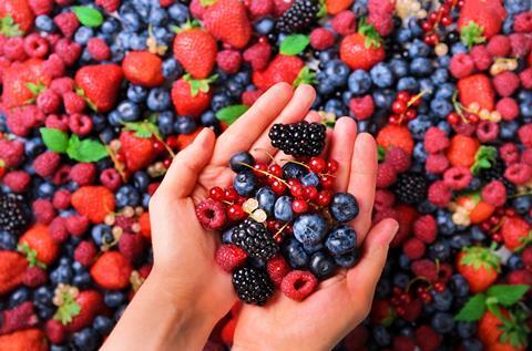 Mix aus Beeren im Hintergrund und in zwei Händen