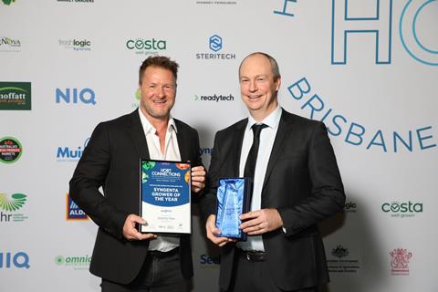 (l-r) Syngenta Grower of the Year Jeremy Haw of Hussey & Co in Victoria, with David Van-Ryswyk from Syngenta, accepting the award at the Hort Connections 2025 Horticulture Awards for Excellence