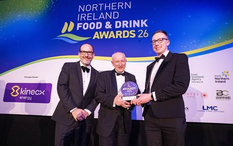 Wilson’s Country MD Lewis Cunningham (centre) with Ortus Energy’s James Lee (left) and John Linton at the 2026 Northern Ireland Food & Drink Association Awards