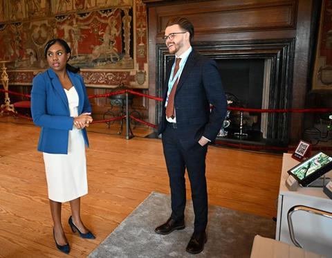 FruitCast's chief technical officer, Dr Raymond Martin, at the summit and with business secretary Kemi Badenoch