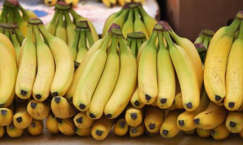 Bananas on a supermarket shelf