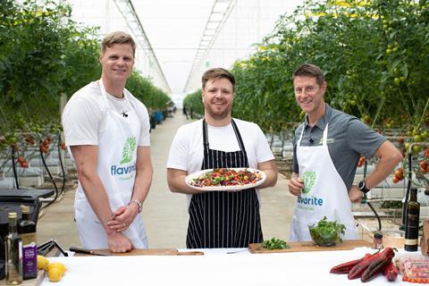 l-r AFL great Nick Riewoldt, Coles celebrity chef Michael Weldon and Flavorite chief operating officer Chris Millis